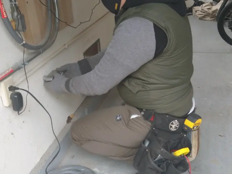 Electrician performing outlet wiring in a Lake Mathews garage